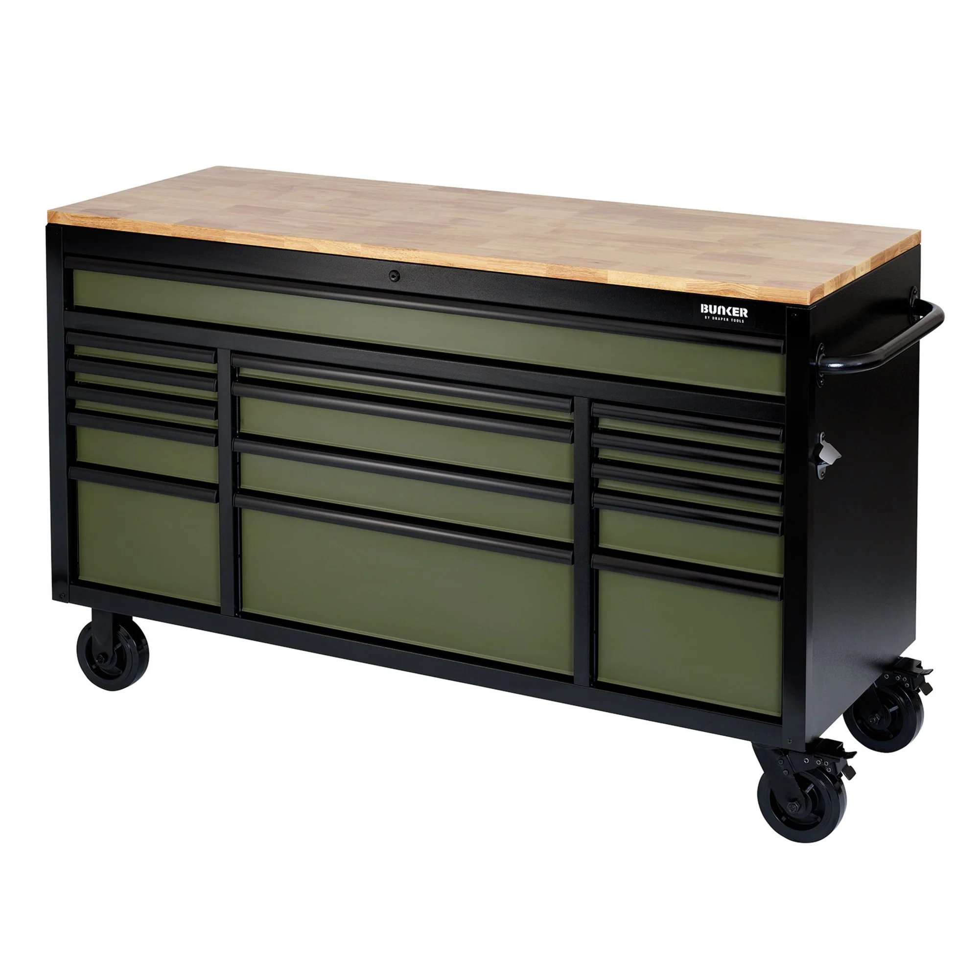 BUNKER® Workbench Roller Tool Cabinet, 15 Drawer, 61", Green