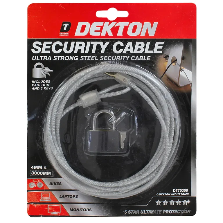 DEKTON SECURITY CABLE AND LOCK 3MM X 300MM - Image 2