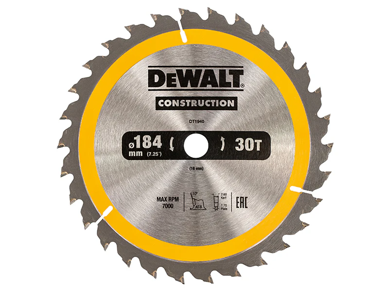 DEWALT Portable Construction Circular Saw Blade 184 x 16mm x 30T