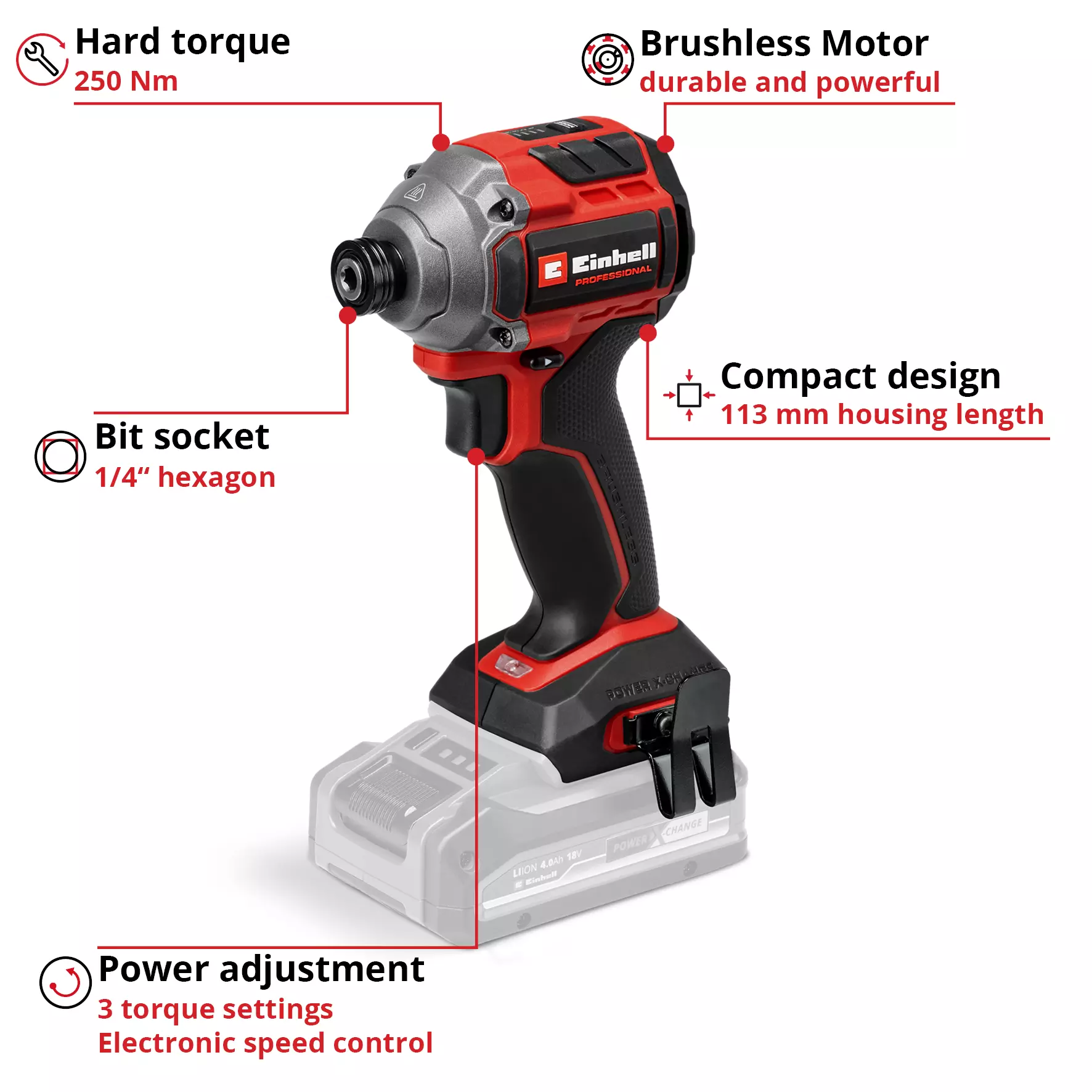 EINHELL CORDLESS IMPACT DRIVER 18/250-C Li BL - Solo