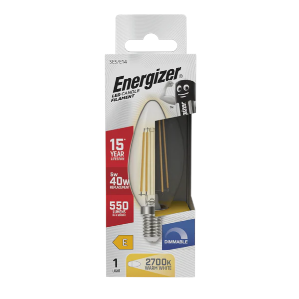 ENERGISER 5W 40W E14 LED CANDLE FILAMENT WARM WHITE DIMMABLE 470 LUMENS