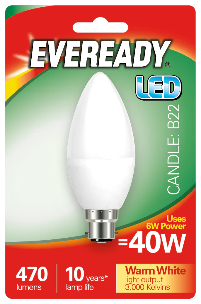 EVEREADY 6W (40W) B22 LED CANDLE 470 LUMENS