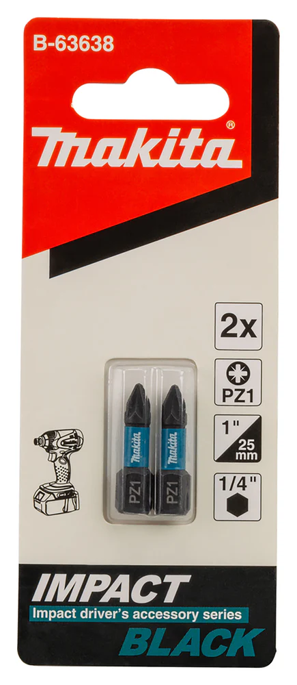 Makita Impact Black Torsion Bit PZ1 1/4 Hex Shank 25 mm 2 pcs
