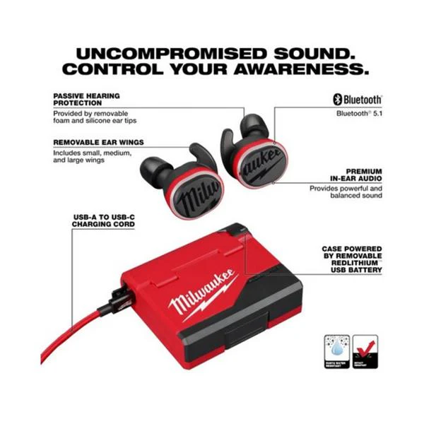 MILWAUKEE L4 RLEPB-301 REDLITHIUM USB BLUETOOTH JOBSITE EAR BUDS WITH HEARING PROTECTION - Image 3