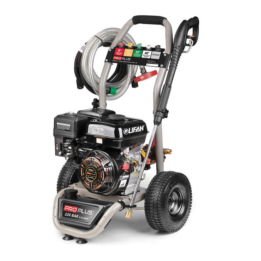 Powerful 7HP petrol pressure washer, 220 bar, with detergent tank.